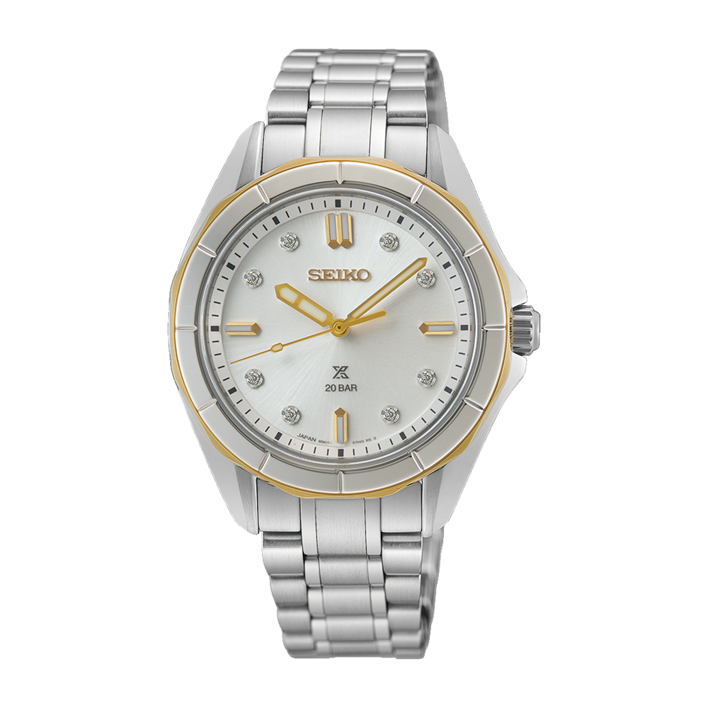 Seiko Prospex Sea Quartz Analogue Diamond Indices Watch 2 Tones bezel PVD SUR618