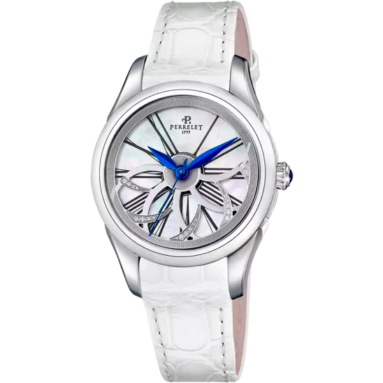 Perrelet Watch Diamond Flower White Dial -A2065/4 on Black Leather