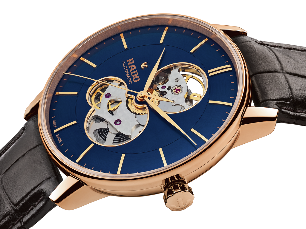Rado Coupole Open Heart Automatic Blue Dial RG PVD on leather strap -41mm