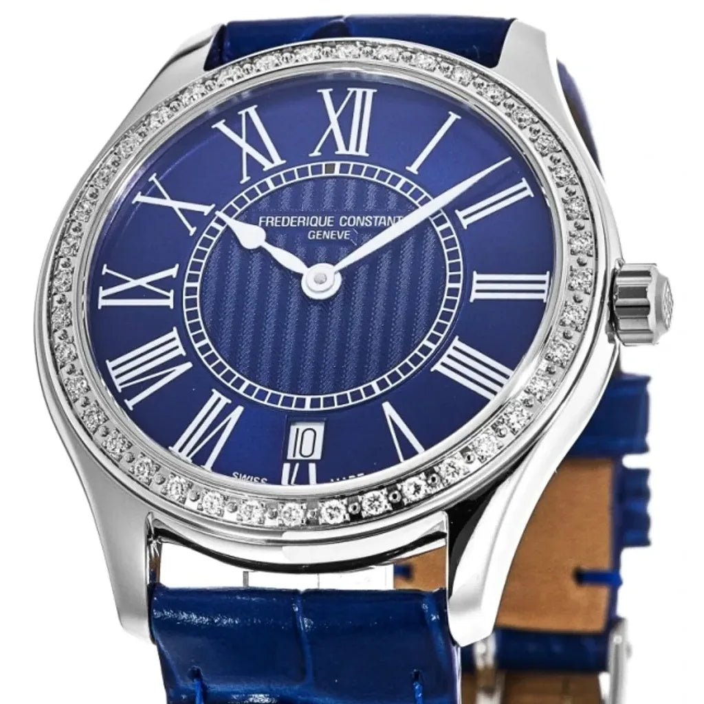 Frederique Constant Classics Quartz on Blue Leather Strap with Diamond Bezel