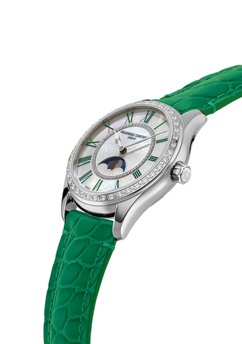 FREDERIQUE CONSTANT CLASSICS ELEGANCE LUNA FULL DIAMOND MOONPHASE ON GREEN LEATHER STRAP