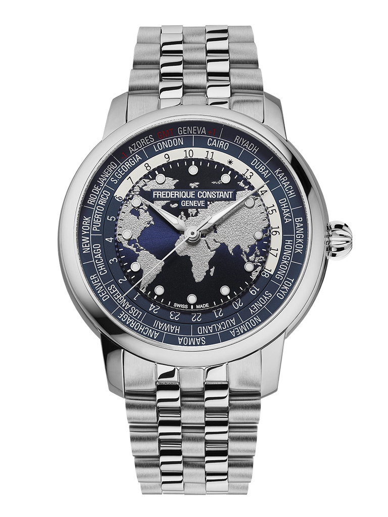 FREDERIQUE CONSTANT CLASSICS WORLDTIMER MANUFACTURE BLUE ON BRACELET