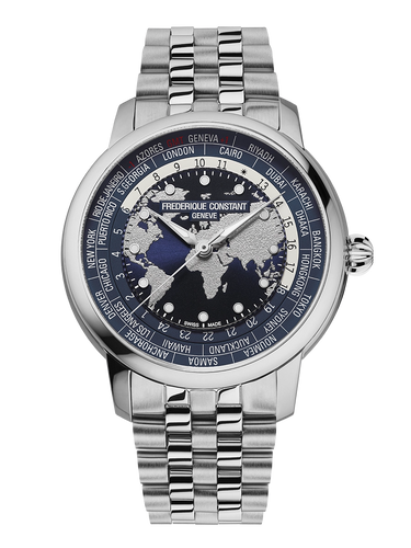 FREDERIQUE CONSTANT CLASSICS WORLDTIMER MANUFACTURE BLUE ON BRACELET