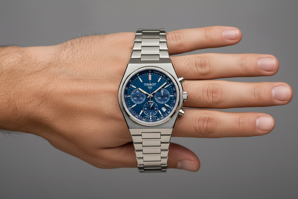 generate a square picture of a sporty gentelman hand model wearing tissot T1504171104100