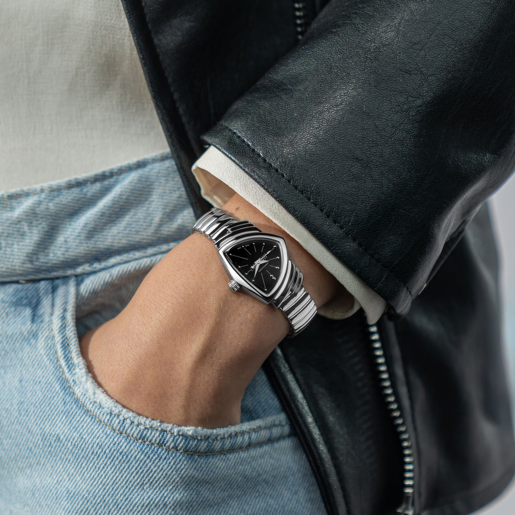 Hamilton Ventura Black Quartz on bracelet