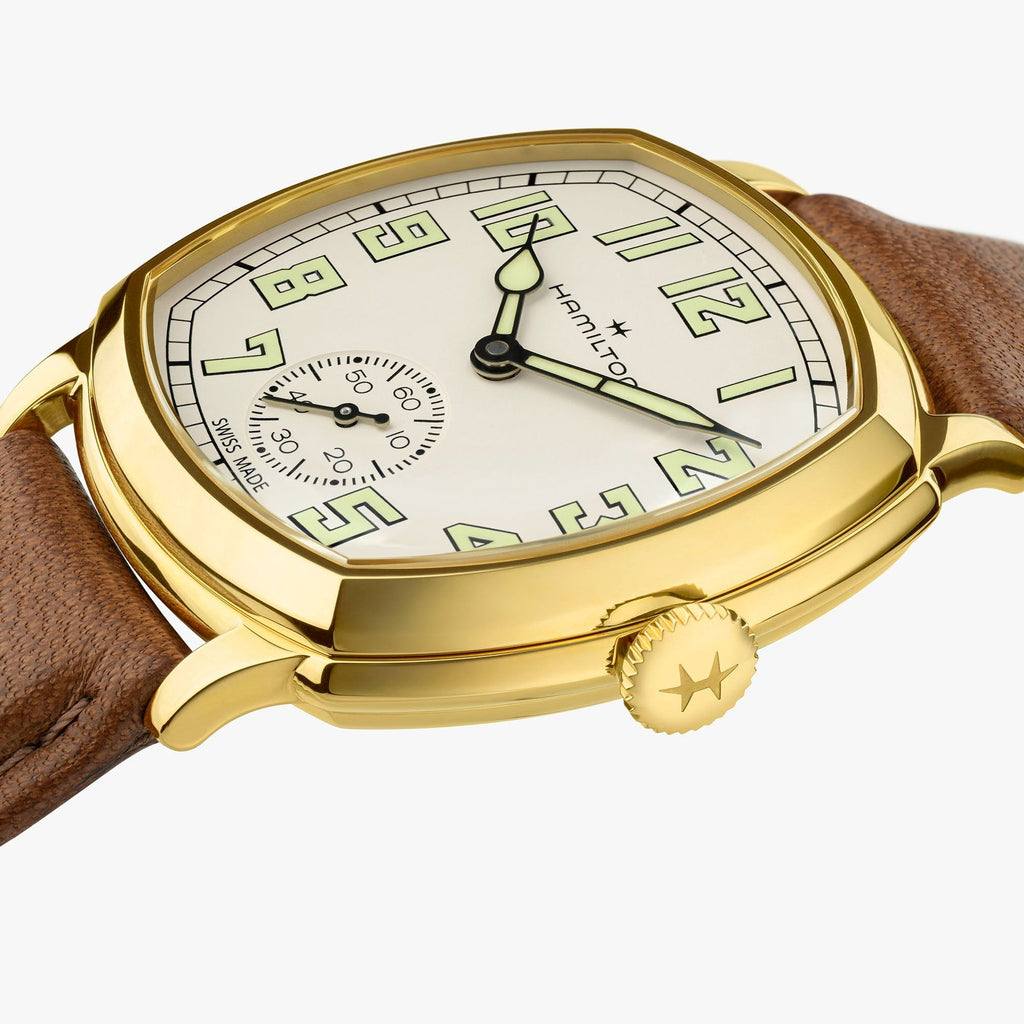 Hamilton American Classic Cushion Mechnical Beige YG PVD on Leather 34 x 34 mm