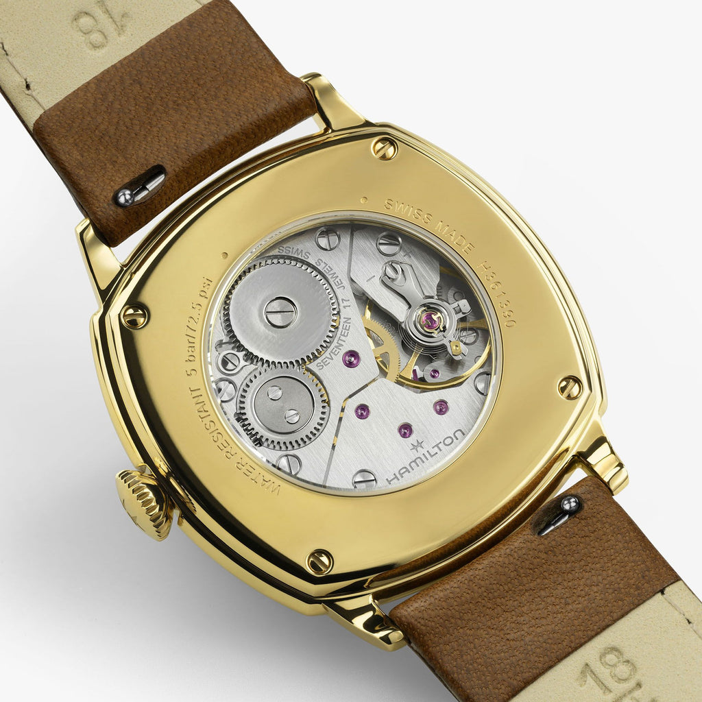 Hamilton American Classic Cushion Mechnical Beige YG PVD on Leather 34 x 34 mm