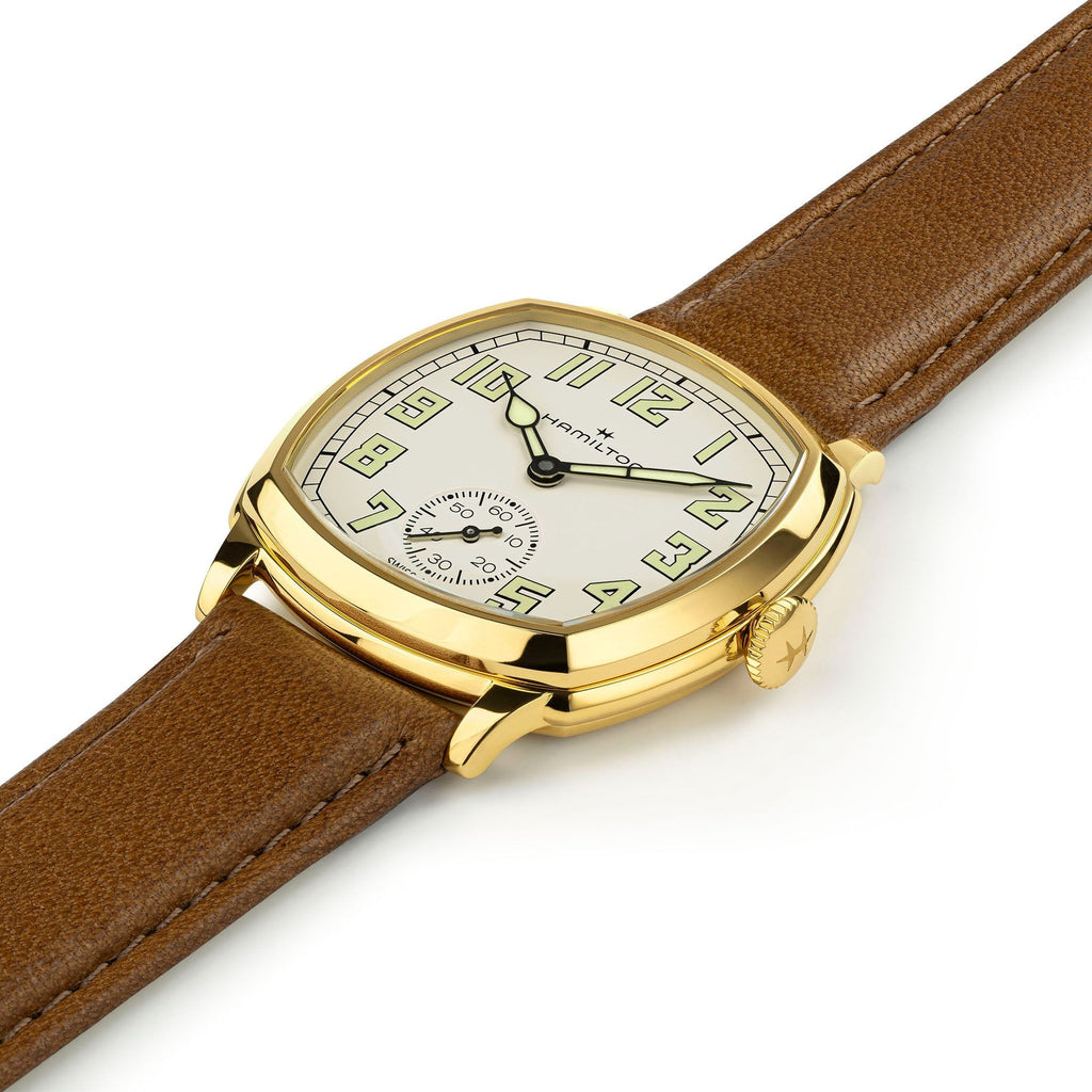 Hamilton American Classic Cushion Mechnical Beige YG PVD on Leather 34 x 34 mm