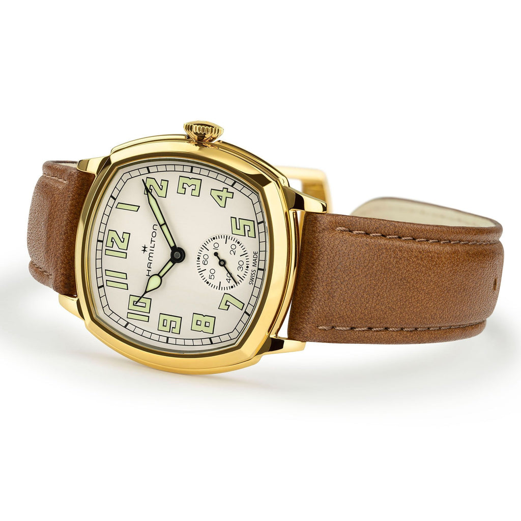 Hamilton American Classic Cushion Mechnical Beige YG PVD on Leather 34 x 34 mm