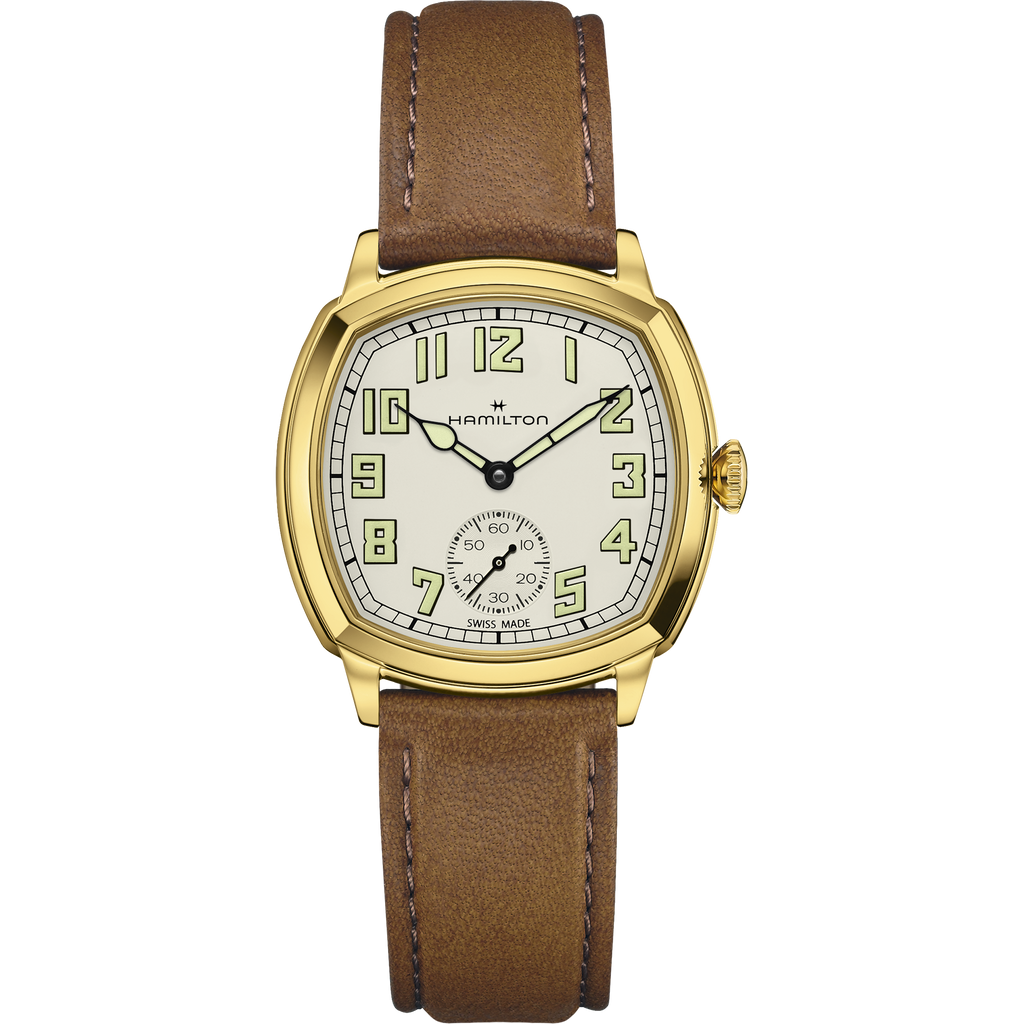 Hamilton American Classic Cushion Mechnical Beige YG PVD on Leather 34 x 34 mm