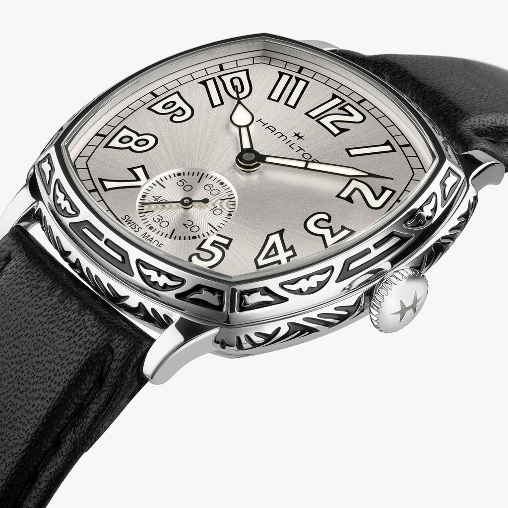 Hamilton American Classic Cushion Mechnical Engraved Steel White Dial on Leather 34 x 34 mm