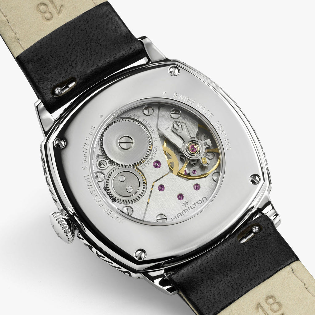 Hamilton American Classic Cushion Mechnical Engraved Steel White Dial on Leather 34 x 34 mm