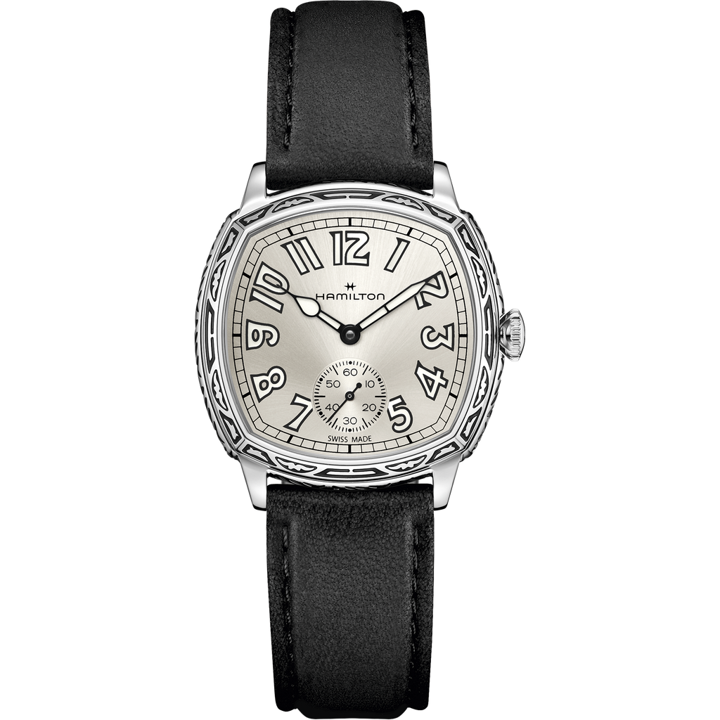 Hamilton American Classic Cushion Mechnical Engraved Steel White Dial on Leather 34 x 34 mm