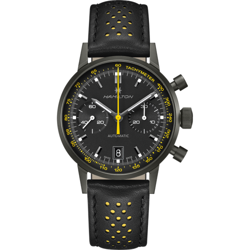 Hamilton American Classic Intra-Matic Auto Chrono on Leather Black PVD with Yellow