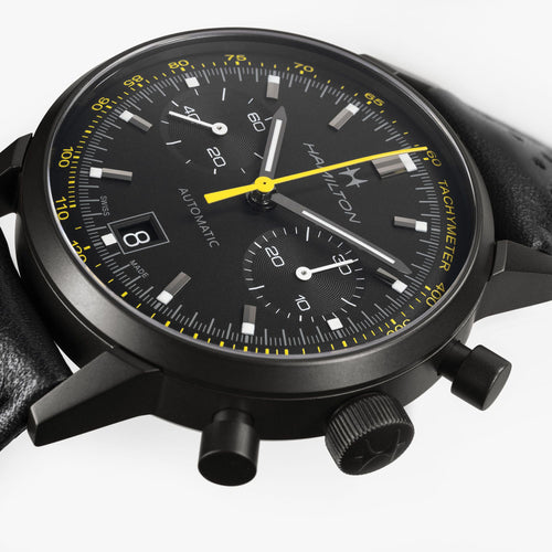 Hamilton American Classic Intra-Matic Auto Chrono on Leather Black PVD with Yellow