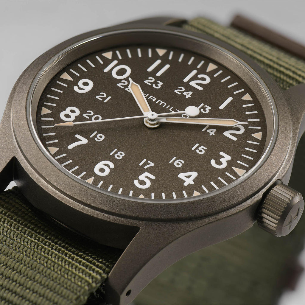 Hamilton Khaki Field Mechanical Earth coloured PVD on Green Canvas Strap