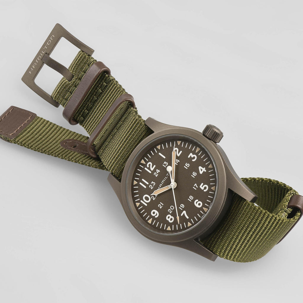 Hamilton Khaki Field Mechanical Earth coloured PVD on Green Canvas Strap