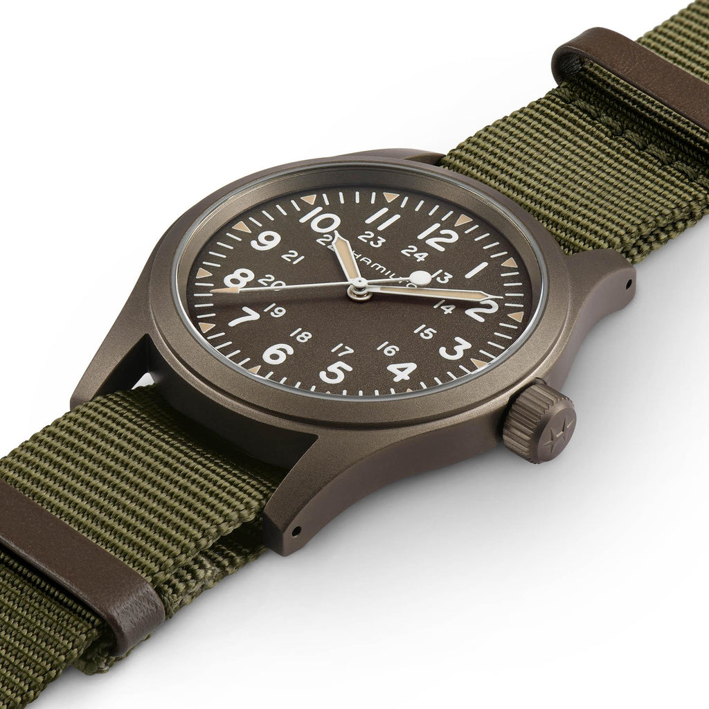 Hamilton Khaki Field Mechanical Earth coloured PVD on Green Canvas Strap