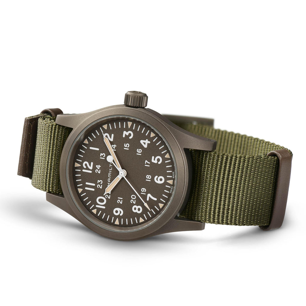 Hamilton Khaki Field Mechanical Earth coloured PVD on Green Canvas Strap