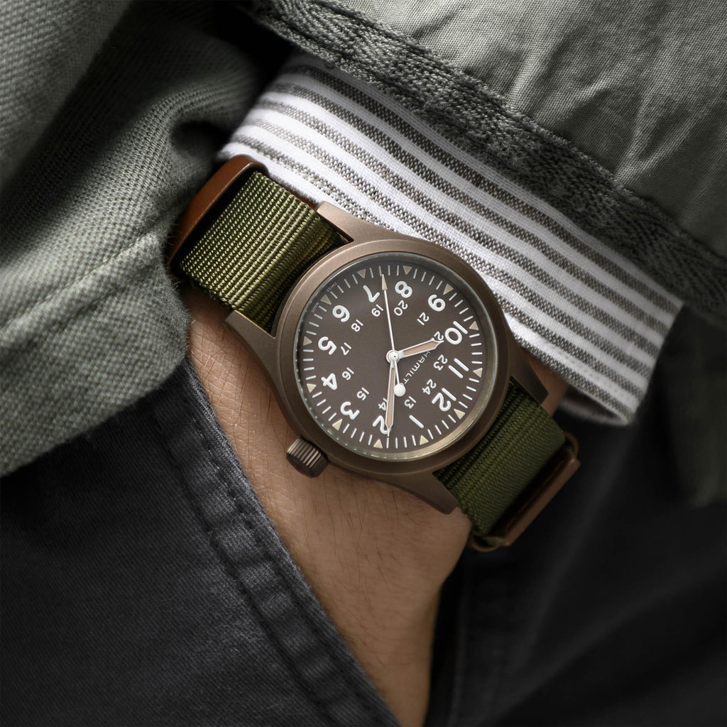 Hamilton Khaki Field Mechanical Earth coloured PVD on Green Canvas Strap