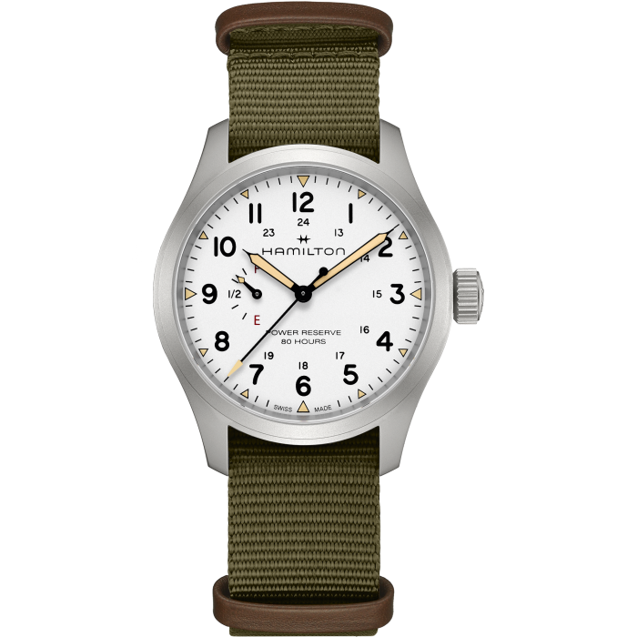 Hamilton Khaki Field Mechanical Power Reserve White on Nato Textile Strap 40mm