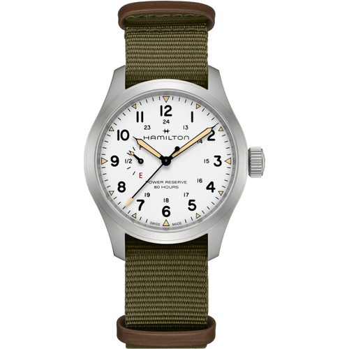 Hamilton Khaki Field Mechanical Power Reserve White on Nato Textile Strap 40mm