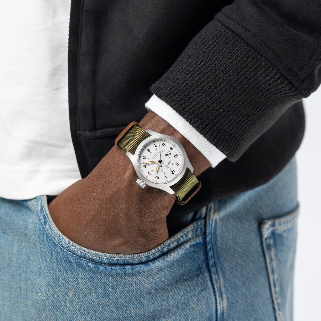 Hamilton Khaki Field Mechanical Power Reserve White on Nato Textile Strap 40mm