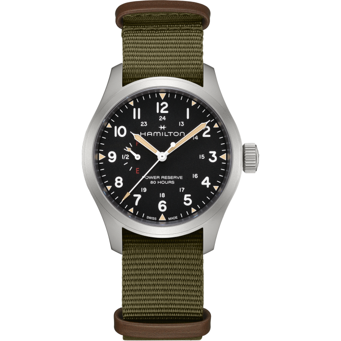 Hamilton Khaki Field Mechanical Power Reserve Black on Nato Textile Strap 40mm