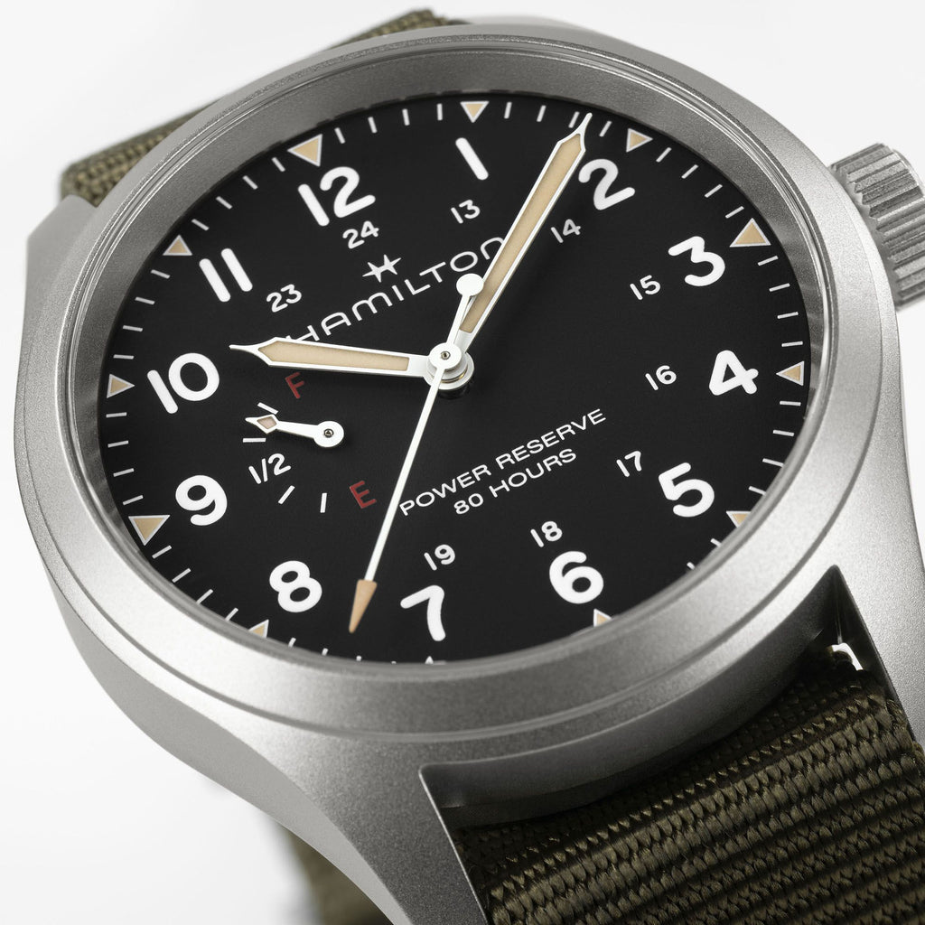 Hamilton Khaki Field Mechanical Power Reserve Black on Nato Textile Strap 40mm