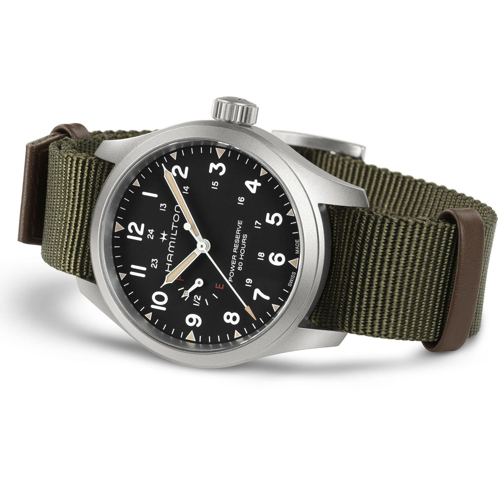 Hamilton Khaki Field Mechanical Power Reserve Black on Nato Textile Strap 40mm