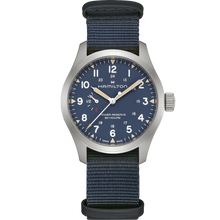 Load image into Gallery viewer, Hamilton Khaki Field Mechanical Power Reserve Blue on Nato Textile Strap 40mm