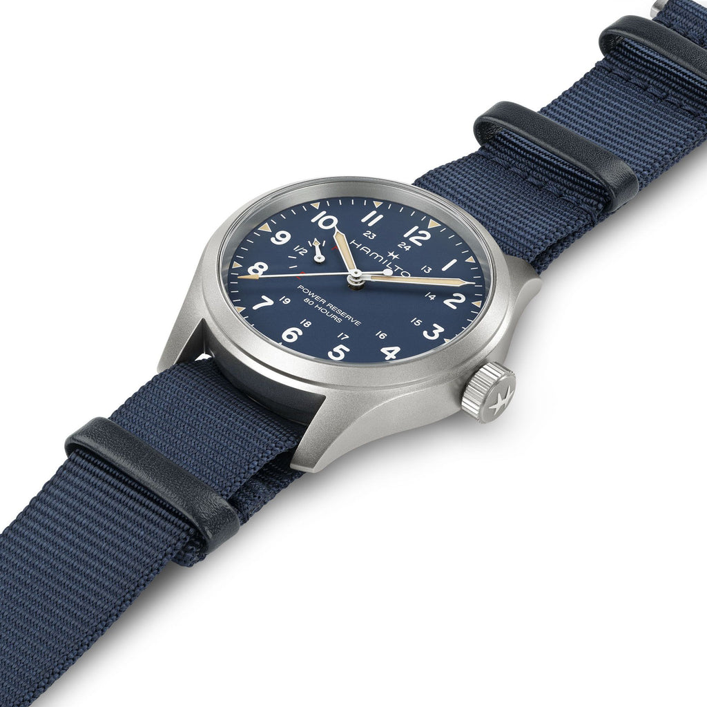 Hamilton Khaki Field Mechanical Power Reserve Blue on Nato Textile Strap 40mm