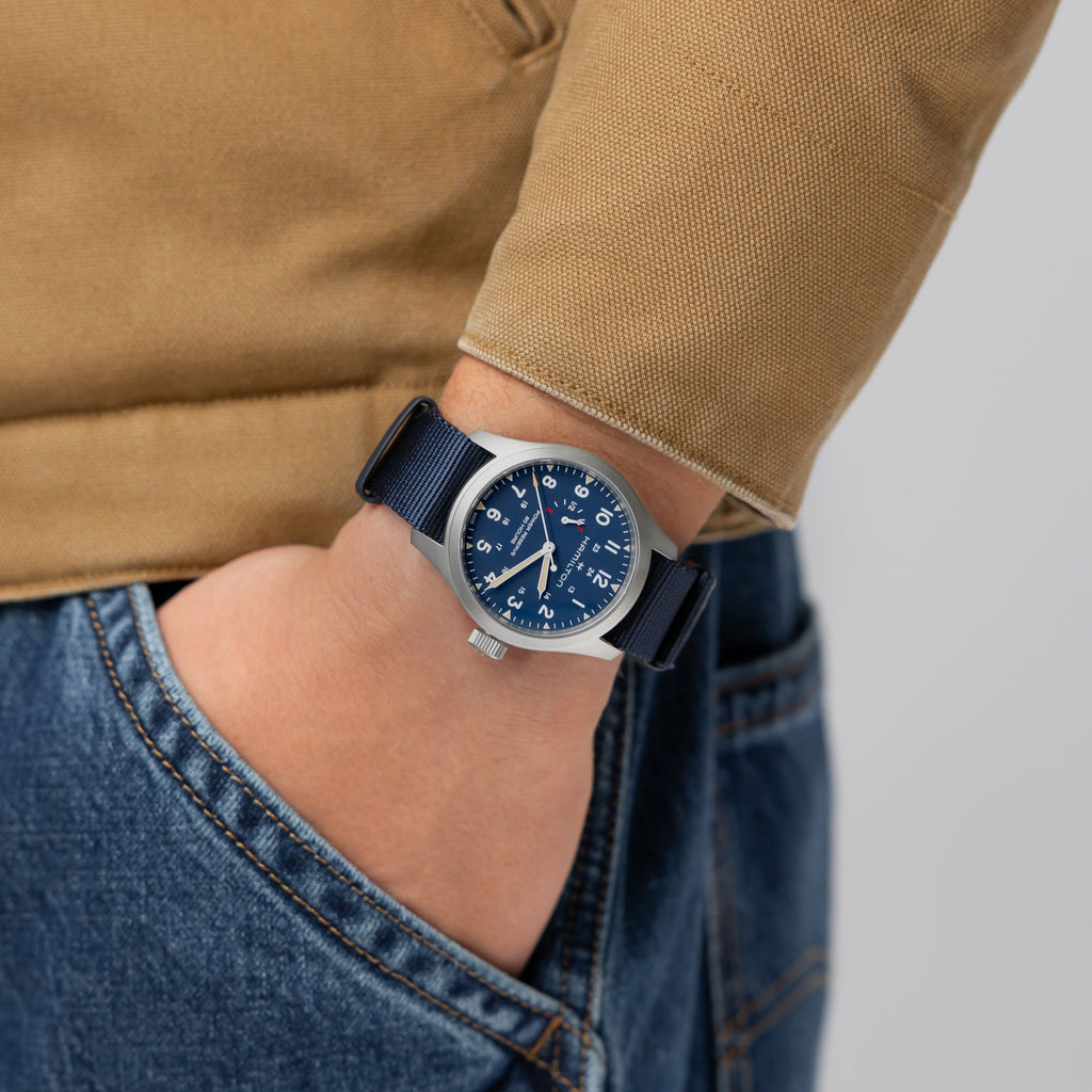 Hamilton Khaki Field Mechanical Power Reserve Blue on Nato Textile Strap 40mm