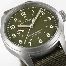 Load image into Gallery viewer, Hamilton Khaki Field Mechanical Power Reserve Green on Nato Textile Strap 40mm