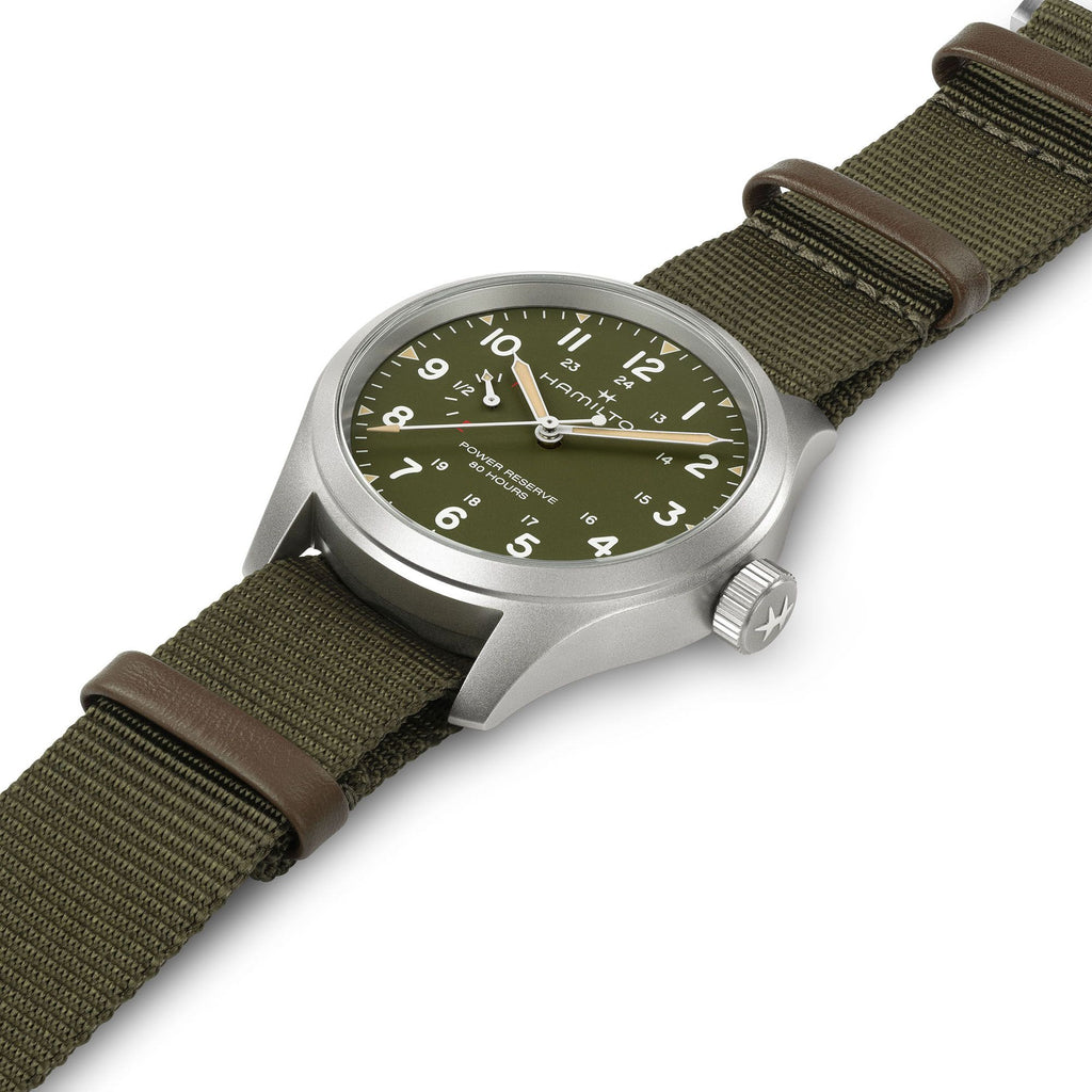 Hamilton Khaki Field Mechanical Power Reserve Green on Nato Textile Strap 40mm