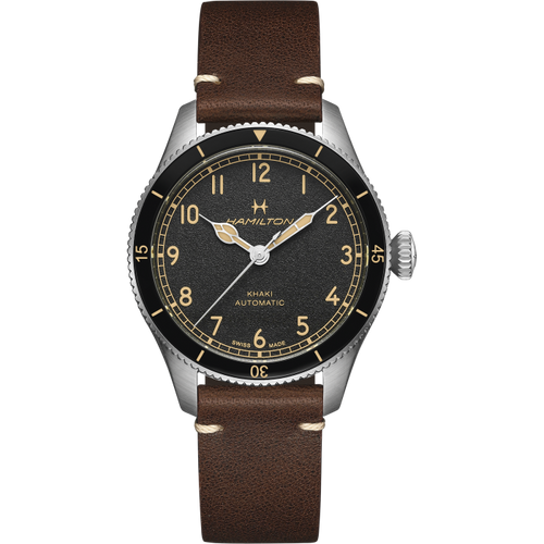Hamilton Khaki Aviation Pilot Pioneer Auto Black Dial on leather