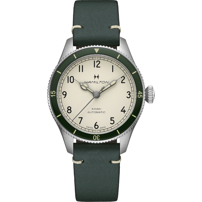 Hamilton Khaki Aviation Pilot Pioneer Auto White Dial on Green Bezel on leather