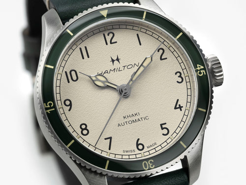 Hamilton Khaki Aviation Pilot Pioneer Auto White Dial on Green Bezel on leather