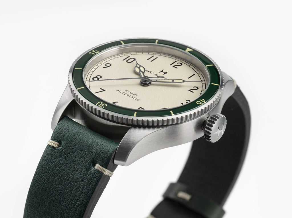 Hamilton Khaki Aviation Pilot Pioneer Auto White Dial on Green Bezel on leather