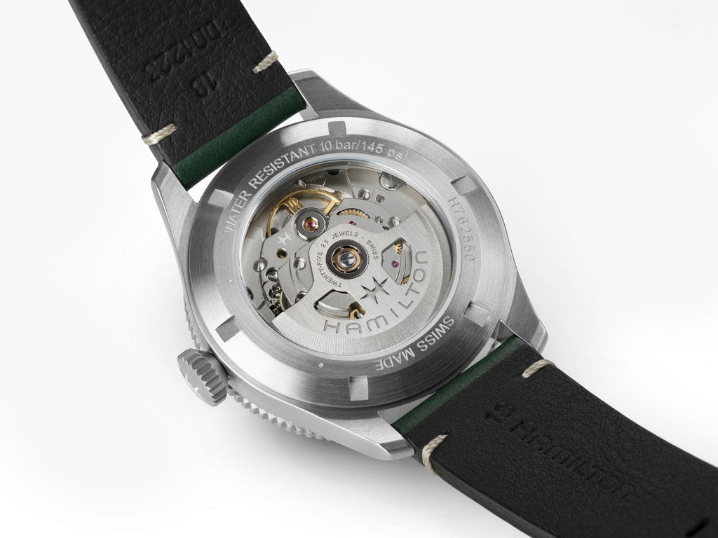 Hamilton Khaki Aviation Pilot Pioneer Auto White Dial on Green Bezel on leather