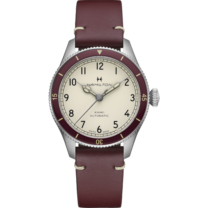Hamilton Khaki Aviation Pilot Pioneer Auto White Dial on Red Bezel on leather