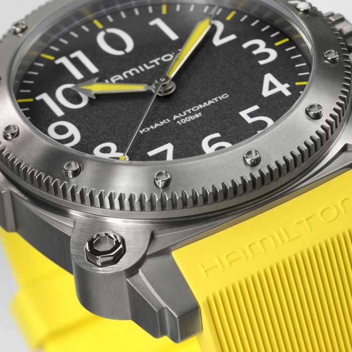 Hamilton Khaki Navy Belowzero Auto Titanium On Yellow Rubber