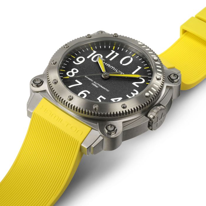 Hamilton Khaki Navy Belowzero Auto Titanium On Yellow Rubber