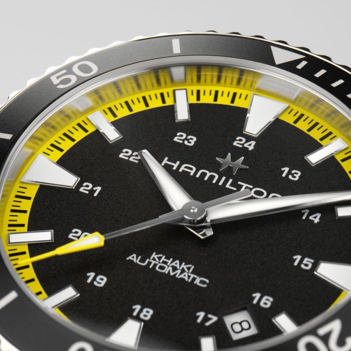 Hamilton Khaki Navy Belowzero Auto Titanium On Yellow Rubber