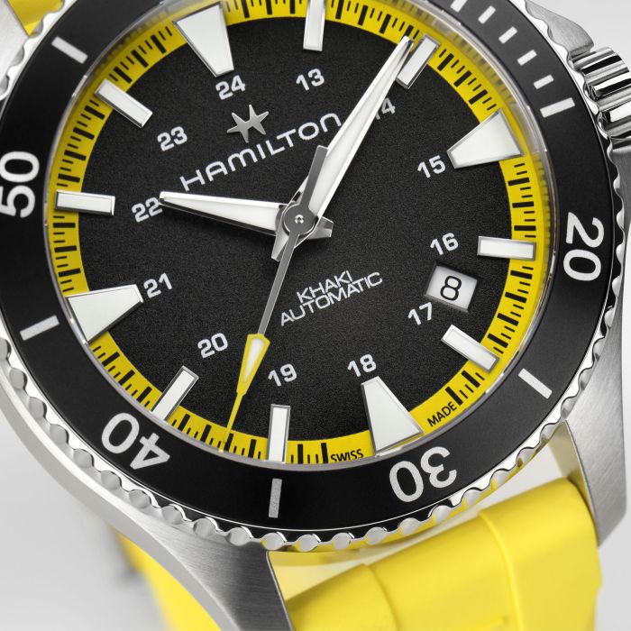 Hamilton Khaki Navy Belowzero Auto Titanium On Yellow Rubber