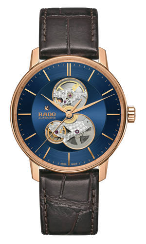 Rado Coupole Open Heart Automatic Blue Dial RG PVD on leather strap -41mm