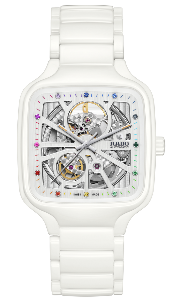 Rado True Square Automatic Open Heart White Ceramic with coloured gemstones