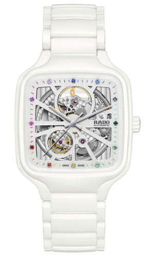 Rado True Square Automatic Open Heart White Ceramic with coloured gemstones
