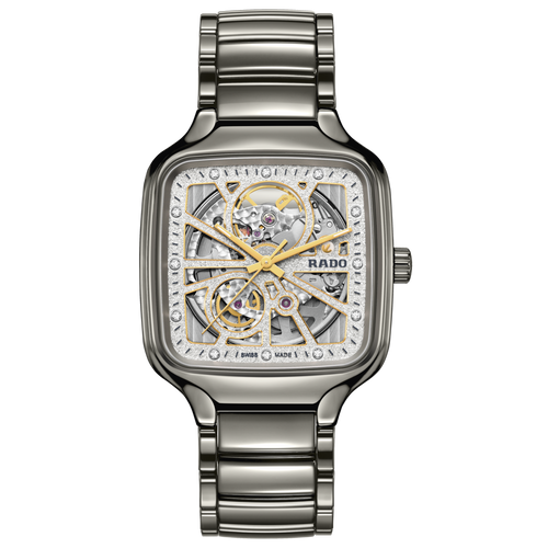 Rado True Square Automatic Open Heart Sparkling Plasma High-Tech Silver Ceramic with Diamonds