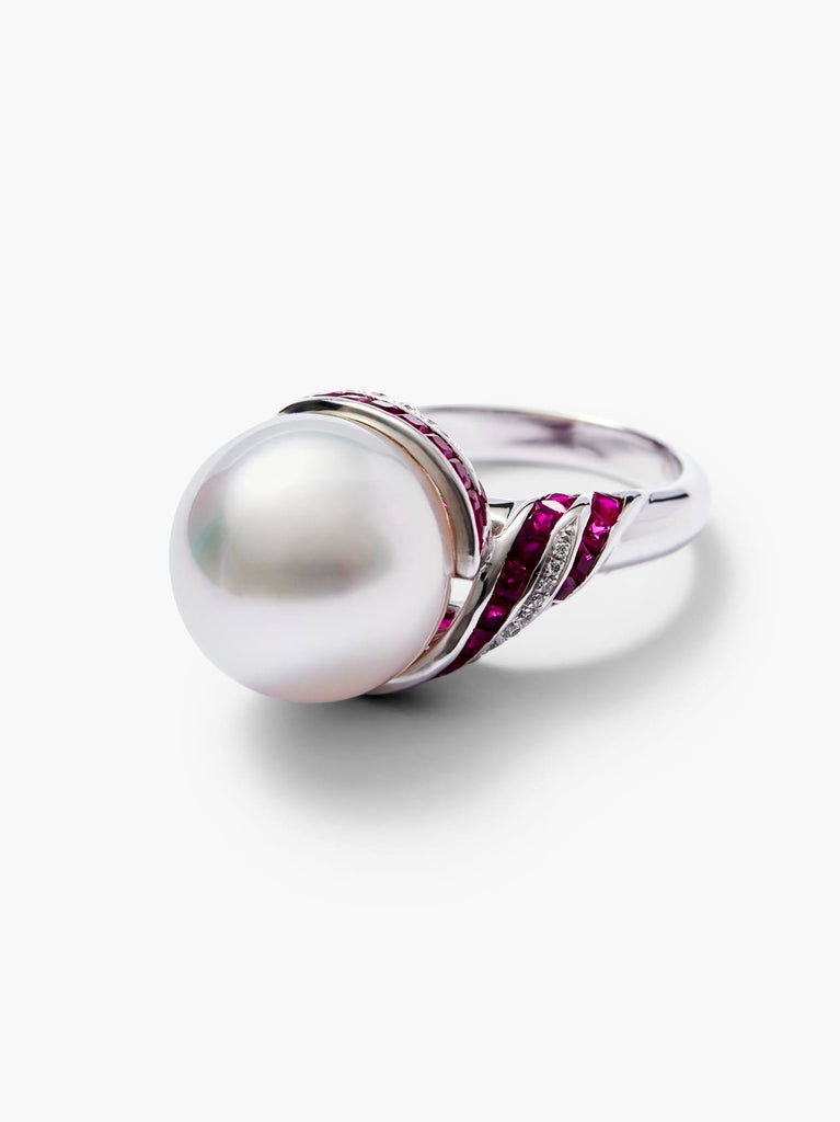 Autore Pearls 18k WG South Sea Pearl Ruby and Diamond Ring